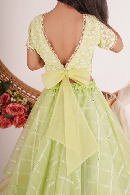 Mei & ZU_Green Organza, Georgette, Cotton Embroidery, Sequins, Pearls Layered Lehenga Set_at_Aza_Fashions