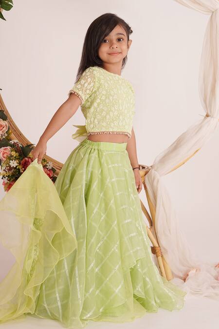 Buy_Mei & ZU_Green Organza, Georgette, Cotton Embroidery, Sequins, Pearls Layered Lehenga Set