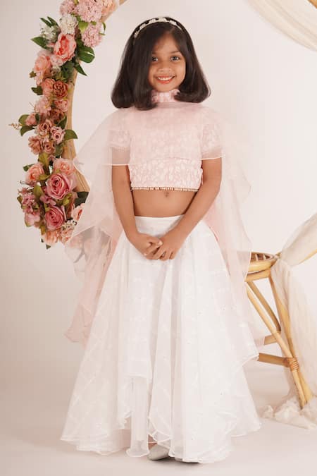 Mei & ZU_White Organza, Georgette, Cotton Sequins, Checkered Pattern Lehenga Set_Online_at_Aza_Fashions