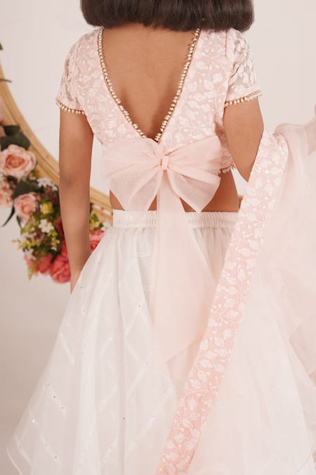 Mei & ZU_White Organza, Georgette, Cotton Sequins, Checkered Pattern Lehenga Set_at_Aza_Fashions