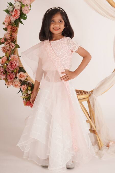 Buy_Mei & ZU_White Organza, Georgette, Cotton Sequins, Checkered Pattern Lehenga Set