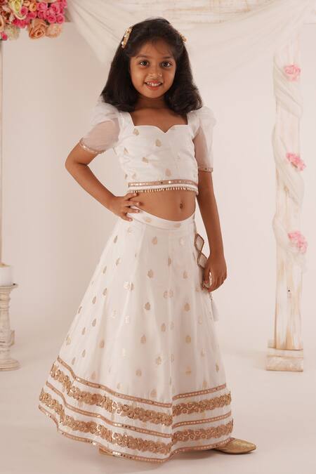 Mei & ZU_White Brocade, Cotton Cut Work, Pearls Leaf Pattern Lehenga Set_Online_at_Aza_Fashions