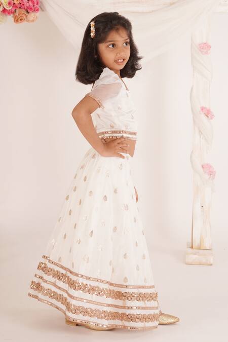 Shop_Mei & ZU_White Brocade, Cotton Cut Work, Pearls Leaf Pattern Lehenga Set_Online_at_Aza_Fashions