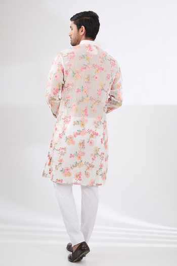 Shop Rabani & Rakha Off White Cotton, Silk Embroidery Floral Kurta And Pant Set at Aza Fashions Shop_Rabani & Rakha_Off White Cotton, Silk Embroidery Floral Kurta And Pant Set _at_Aza_Fashions