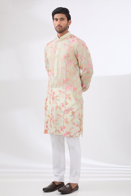 Rabani & Rakha Green Cotton, Silk Sequins, Embroidery Kurta And Pant Set