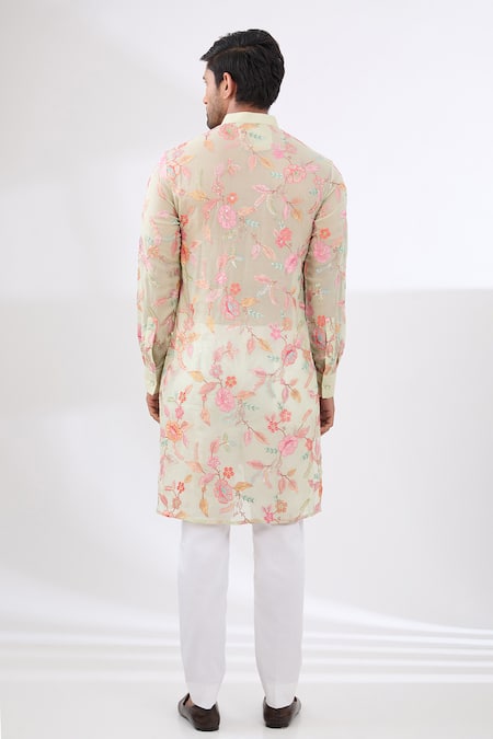 Shop Rabani & Rakha Green Cotton, Silk Sequins, Embroidery Kurta And Pant Set at Aza Fashions Shop_Rabani & Rakha_Green Cotton, Silk Sequins, Embroidery Kurta And Pant Set _at_Aza_Fashions