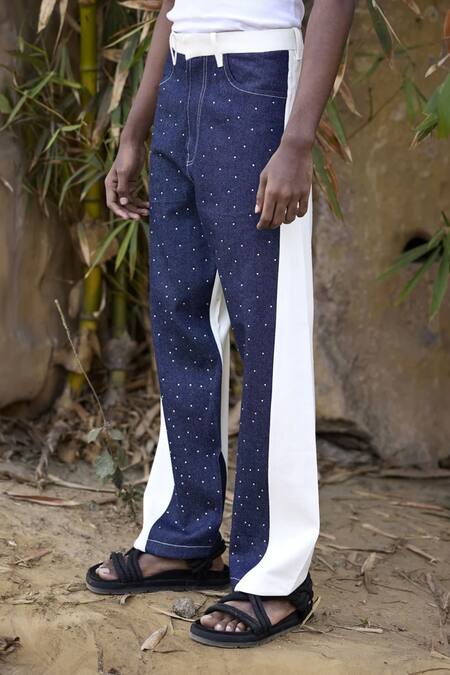 Triune_White Denim Color Blocked Pant  _Online_at_Aza_Fashions