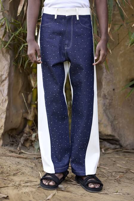 Buy_Triune_White Denim Color Blocked Pant  _Online_at_Aza_Fashions