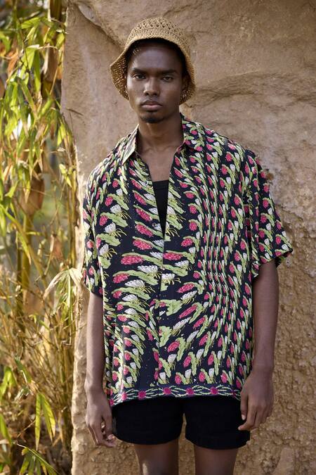 Triune_Black Crepe Printed Button Down Shirt_Online_at_Aza_Fashions