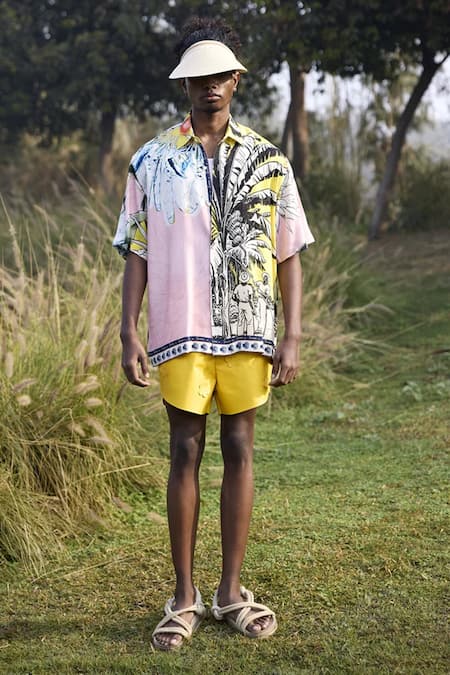 Triune Yellow Rayon Dobby Printed Banana And Wildflower Half Sleeve Shirt 