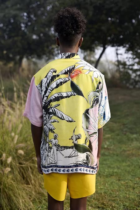 Shop_Triune_Yellow Rayon Embroidery Printed Half Sleeve Shirt _at_Aza_Fashions