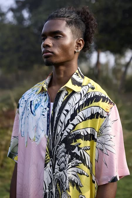 Triune_Yellow Rayon Embroidery Printed Half Sleeve Shirt _Online_at_Aza_Fashions