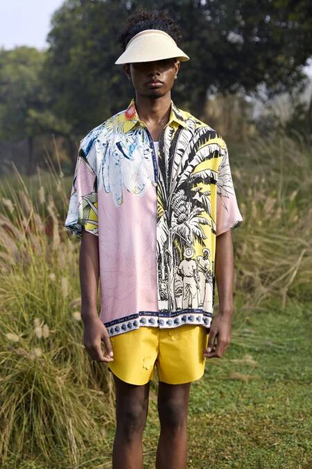 Buy_Triune_Yellow Rayon Embroidery Printed Half Sleeve Shirt _Online_at_Aza_Fashions