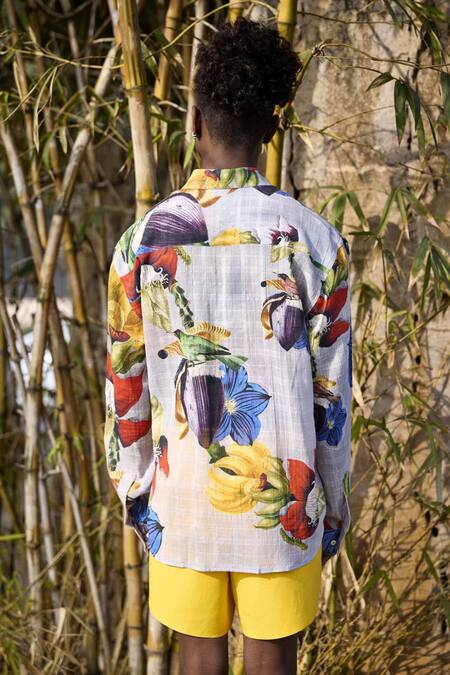 Shop Triune Gray Cotton Bali Jungle Print Button Down Shirt at Aza Fashions Shop_Triune_Gray Cotton Bali Jungle Print Button Down Shirt_at_Aza_Fashions