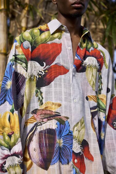 Triune Gray Cotton Bali Jungle Print Button Down Shirt Online at Aza Fashions Triune_Gray Cotton Bali Jungle Print Button Down Shirt_Online_at_Aza_Fashions