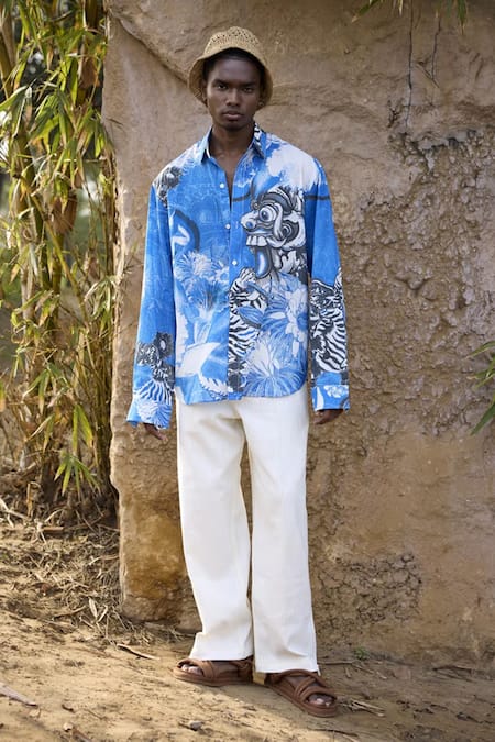 TRIUNE Blue Voile Printed Animal Bali Button Down Shirt  