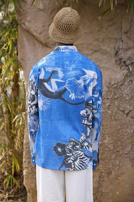 Shop Triune Blue Voile Bali Animal Print Button Down Shirt at Aza Fashions Shop_Triune_Blue Voile Bali Animal Print Button Down Shirt_at_Aza_Fashions