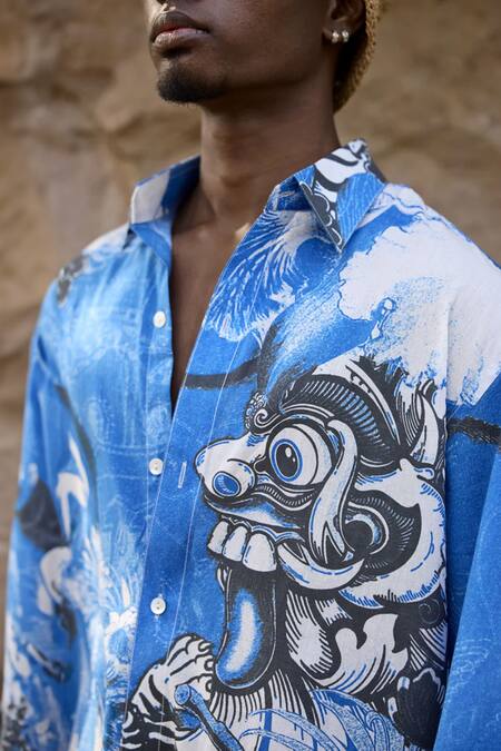 Triune Blue Voile Bali Animal Print Button Down Shirt Online at Aza Fashions Triune_Blue Voile Bali Animal Print Button Down Shirt_Online_at_Aza_Fashions