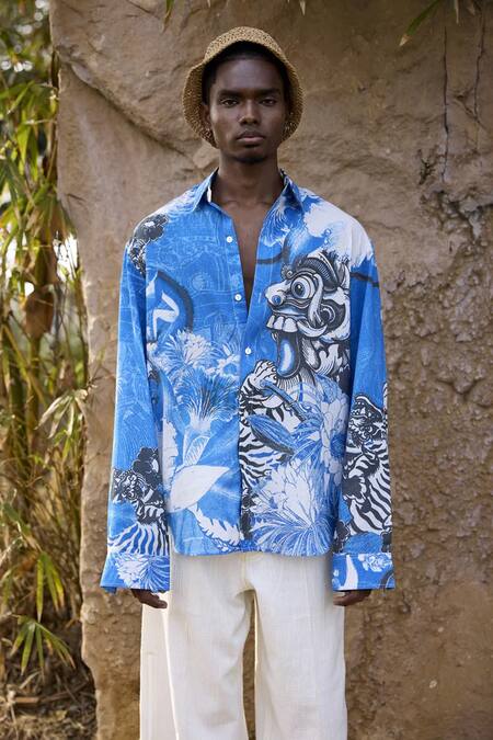 Buy Triune Blue Voile Bali Animal Print Button Down Shirt Online at Aza Fashions Buy_Triune_Blue Voile Bali Animal Print Button Down Shirt_Online_at_Aza_Fashions