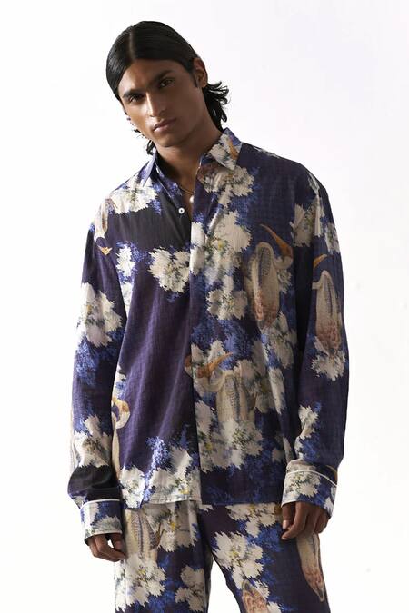 Buy_Triune_Blue Voile Pelican And Orchid Print Shirt _Online_at_Aza_Fashions