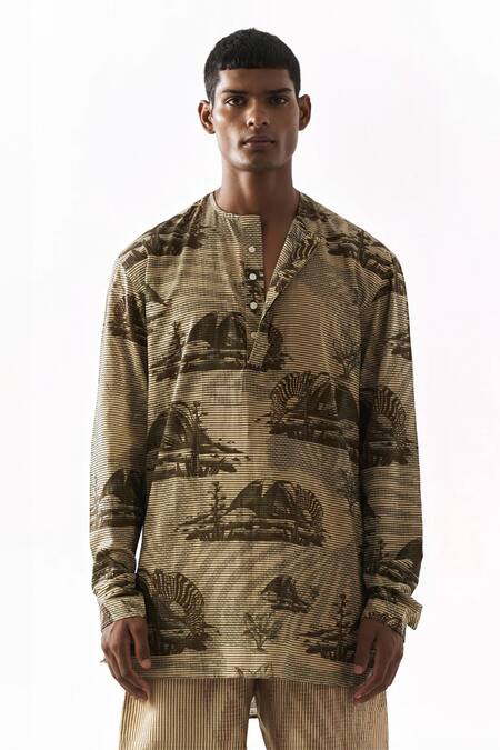Triune_Brown Voile Zebra And Camp Print Shirt _Online_at_Aza_Fashions