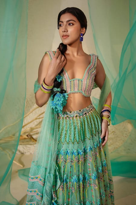 Shop Tuhina Srivastava Blue Tulle, Organza, Satin, Beads, Iris Bloom Bridal Lehenga Set Online at Aza Fashions Shop_Tuhina Srivastava_Blue Tulle, Organza, Satin, Beads, Iris Bloom Bridal Lehenga Set _Online_at_Aza_Fashions