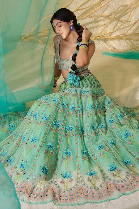 Buy Tuhina Srivastava Blue Tulle, Organza, Satin, Beads, Iris Bloom Bridal Lehenga Set Buy_Tuhina Srivastava_Blue Tulle, Organza, Satin, Beads, Iris Bloom Bridal Lehenga Set