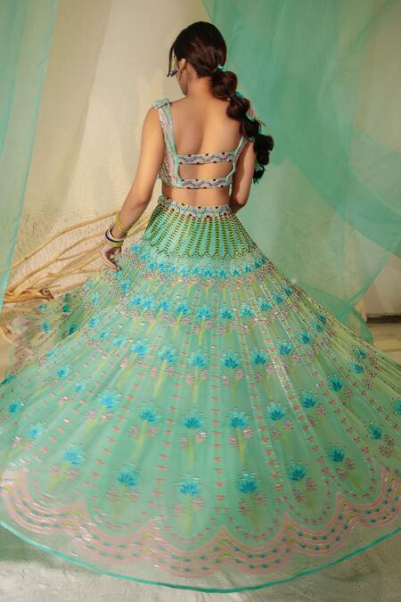 Shop Tuhina Srivastava Blue Tulle, Organza, Satin, Beads, Iris Bloom Bridal Lehenga Set Shop_Tuhina Srivastava_Blue Tulle, Organza, Satin, Beads, Iris Bloom Bridal Lehenga Set