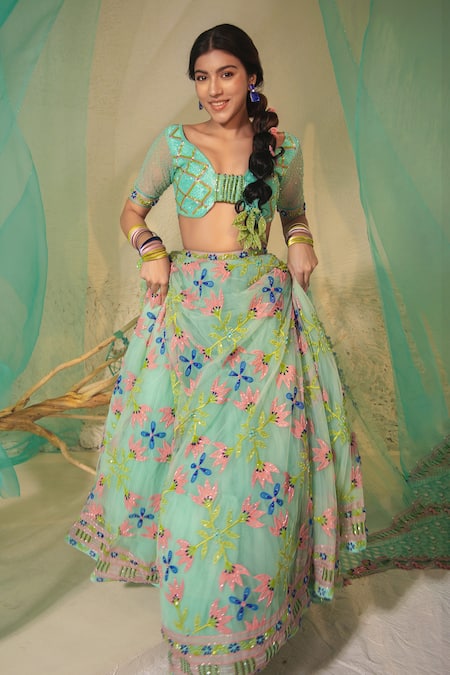 Tuhina Srivastava Blue Organza, Tulle, Ramie, Beads, Stones, Bahar Bridal Lehenga Set Online at Aza Fashions Tuhina Srivastava_Blue Organza, Tulle, Ramie, Beads, Stones, Bahar Bridal Lehenga Set _Online_at_Aza_Fashions