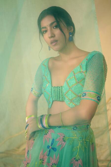 Shop Tuhina Srivastava Blue Organza, Tulle, Ramie, Beads, Stones, Bahar Bridal Lehenga Set Online at Aza Fashions Shop_Tuhina Srivastava_Blue Organza, Tulle, Ramie, Beads, Stones, Bahar Bridal Lehenga Set _Online_at_Aza_Fashions
