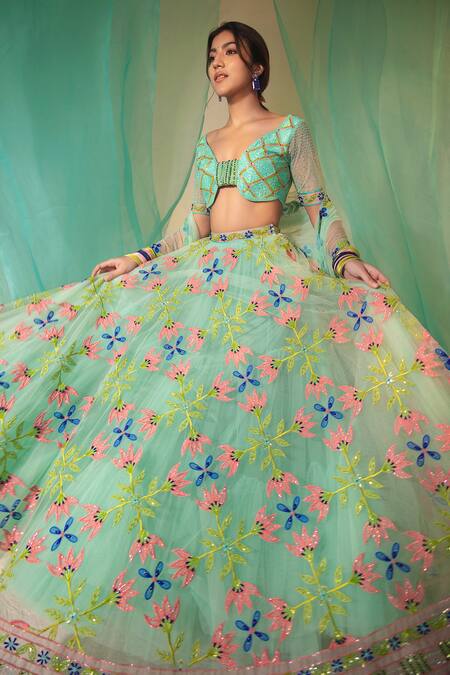 Shop Tuhina Srivastava Blue Organza, Tulle, Ramie, Beads, Stones, Bahar Bridal Lehenga Set Shop_Tuhina Srivastava_Blue Organza, Tulle, Ramie, Beads, Stones, Bahar Bridal Lehenga Set