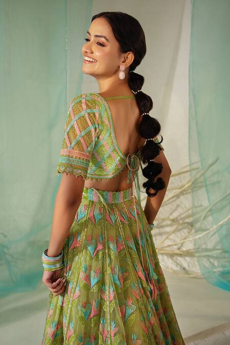 Shop_Tuhina Srivastava_Green Silk Organza, Silk, Tulle Beads, Stones, Gullista Bridal Lehenga Set _Online_at_Aza_Fashions