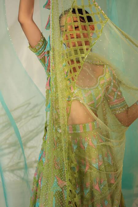 Tuhina Srivastava_Green Silk Organza, Silk, Tulle Beads, Stones, Gullista Bridal Lehenga Set _at_Aza_Fashions