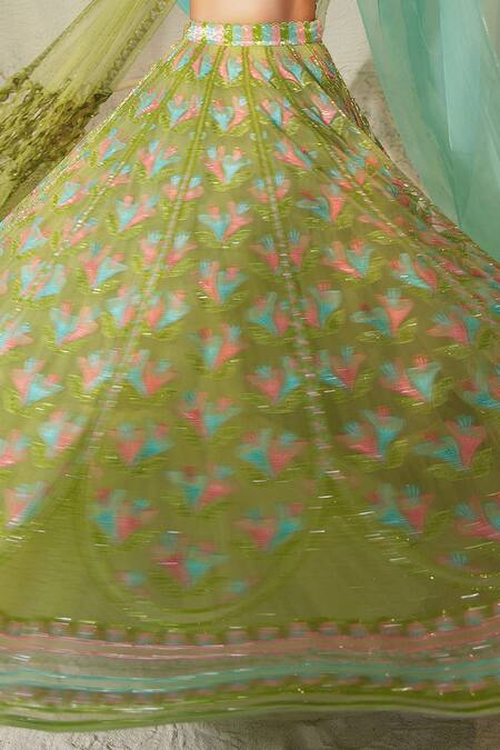 Buy_Tuhina Srivastava_Green Silk Organza, Silk, Tulle Beads, Stones, Gullista Bridal Lehenga Set 