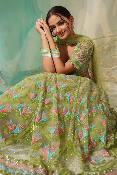 Shop_Tuhina Srivastava_Green Silk Organza, Silk, Tulle Beads, Stones, Gullista Bridal Lehenga Set 