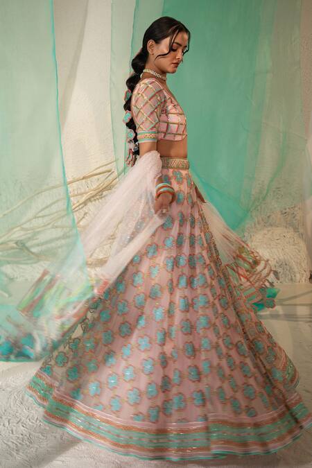 Shop Tuhina Srivastava Pink Organza, Tulle, Beads, Stones, Gulbahar Bridal Lehenga Set Shop_Tuhina Srivastava_Pink Organza, Tulle, Beads, Stones, Gulbahar Bridal Lehenga Set