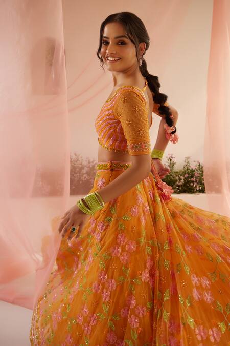 Buy Tuhina Srivastava Orange Organza, Tulle, Stones, Gardenia Bridal Lehenga Set Buy_Tuhina Srivastava_Orange Organza, Tulle, Stones, Gardenia Bridal Lehenga Set