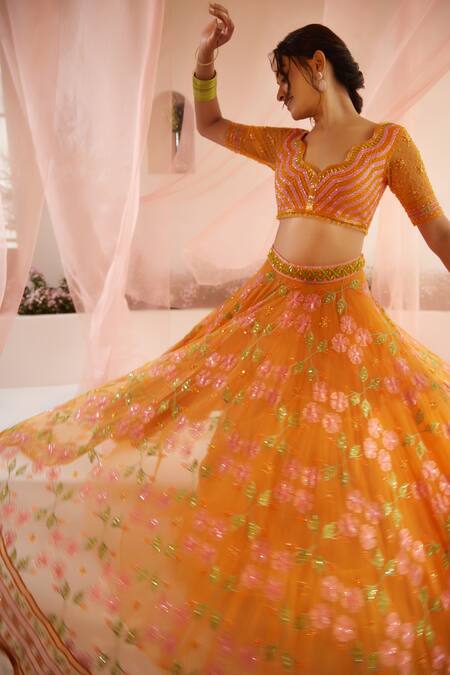 Shop Tuhina Srivastava Orange Organza, Tulle, Stones, Gardenia Bridal Lehenga Set Shop_Tuhina Srivastava_Orange Organza, Tulle, Stones, Gardenia Bridal Lehenga Set