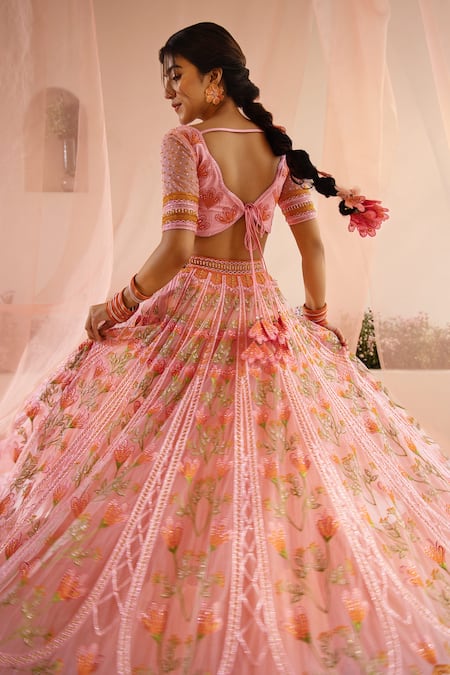 Tuhina Srivastava Pink Organza, Tulle, Beads, Stones, Mughal Bloom Bridal Lehenga Set Online at Aza Fashions Tuhina Srivastava_Pink Organza, Tulle, Beads, Stones, Mughal Bloom Bridal Lehenga Set _Online_at_Aza_Fashions