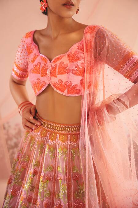 Buy Tuhina Srivastava Pink Organza, Tulle, Beads, Stones, Mughal Bloom Bridal Lehenga Set Online at Aza Fashions Buy_Tuhina Srivastava_Pink Organza, Tulle, Beads, Stones, Mughal Bloom Bridal Lehenga Set _Online_at_Aza_Fashions