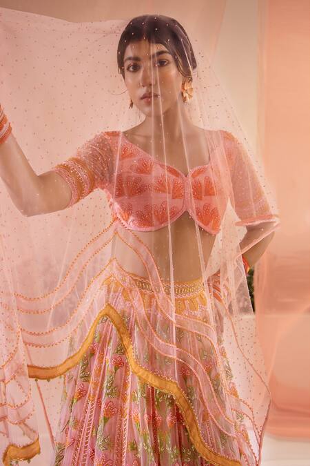 Shop Tuhina Srivastava Pink Organza, Tulle, Beads, Stones, Mughal Bloom Bridal Lehenga Set Online at Aza Fashions Shop_Tuhina Srivastava_Pink Organza, Tulle, Beads, Stones, Mughal Bloom Bridal Lehenga Set _Online_at_Aza_Fashions