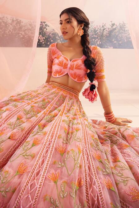 Shop Tuhina Srivastava Pink Organza, Tulle, Beads, Stones, Mughal Bloom Bridal Lehenga Set Shop_Tuhina Srivastava_Pink Organza, Tulle, Beads, Stones, Mughal Bloom Bridal Lehenga Set