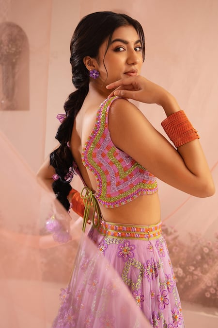 Tuhina Srivastava Purple Organza, Tulle, Beads, Periwinkle Fleur Bridal Lehenga Set Online at Aza Fashions Tuhina Srivastava_Purple Organza, Tulle, Beads, Periwinkle Fleur Bridal Lehenga Set _Online_at_Aza_Fashions