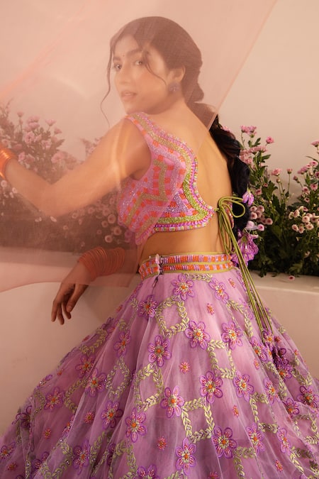 Shop Tuhina Srivastava Purple Organza, Tulle, Beads, Periwinkle Fleur Bridal Lehenga Set Shop_Tuhina Srivastava_Purple Organza, Tulle, Beads, Periwinkle Fleur Bridal Lehenga Set