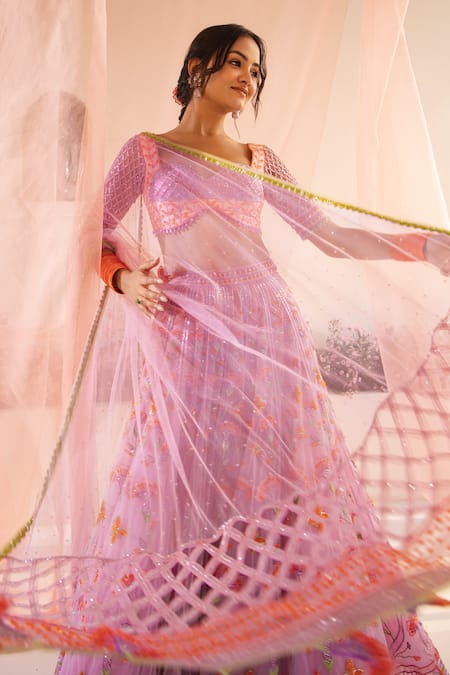 Buy_Tuhina Srivastava_Purple Organza, Tulle, Cut Work, Petunia Garden Bridal Lehenga Set _Online_at_Aza_Fashions