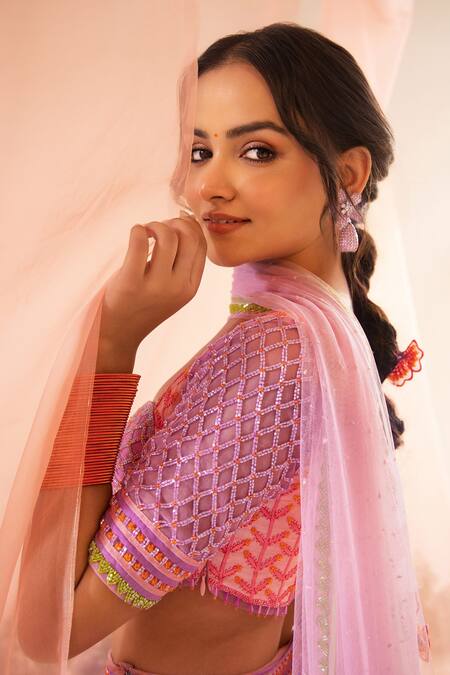 Shop_Tuhina Srivastava_Purple Organza, Tulle, Cut Work, Petunia Garden Bridal Lehenga Set _Online_at_Aza_Fashions