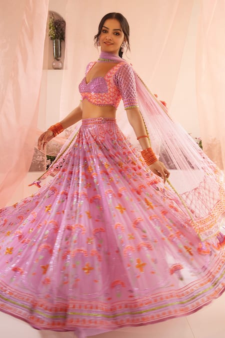 Tuhina Srivastava_Purple Organza, Tulle, Cut Work, Petunia Garden Bridal Lehenga Set _at_Aza_Fashions