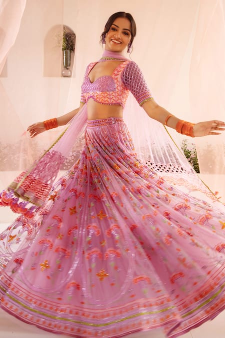 Buy_Tuhina Srivastava_Purple Organza, Tulle, Cut Work, Petunia Garden Bridal Lehenga Set 