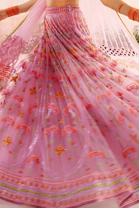 Shop_Tuhina Srivastava_Purple Organza, Tulle, Cut Work, Petunia Garden Bridal Lehenga Set 