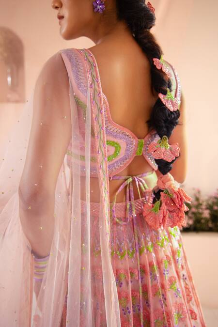 Buy_Tuhina Srivastava_Pink Silk Organza, Tulle Beads, Embroidery, Phool Garden Bridal Lehenga Set _Online_at_Aza_Fashions